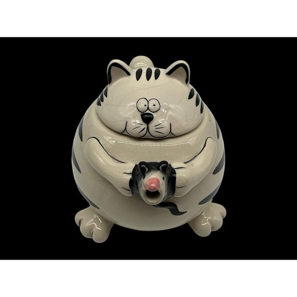 Pier 1 Imports Teapot Chubby Black & White Striped Cat Holding a Mouse as Spout - Picture 2 of 16